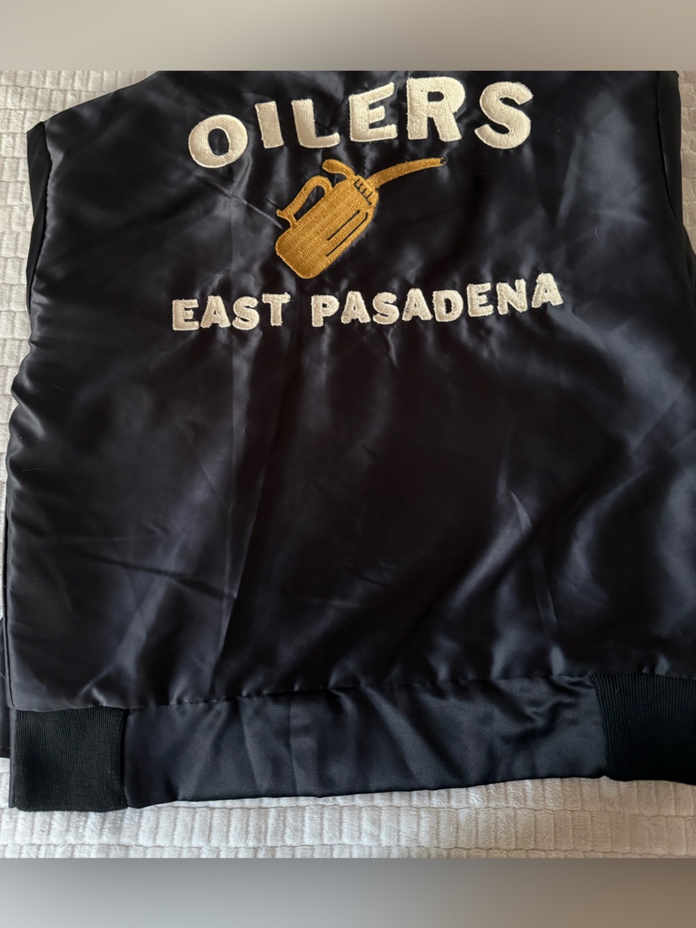 MNML Black Satin Bomber Jacket with Gold and White Embroidery
